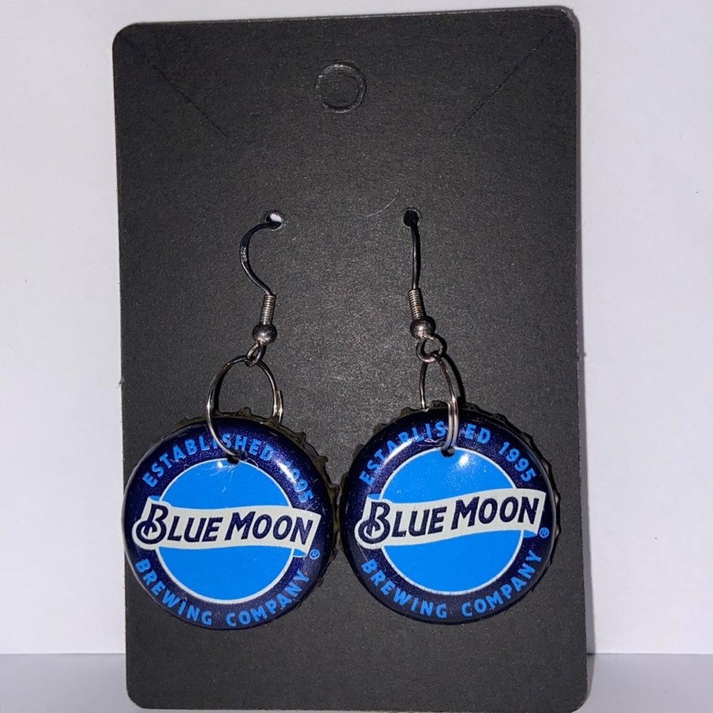 Blue Moon bottle cap dangle earrings